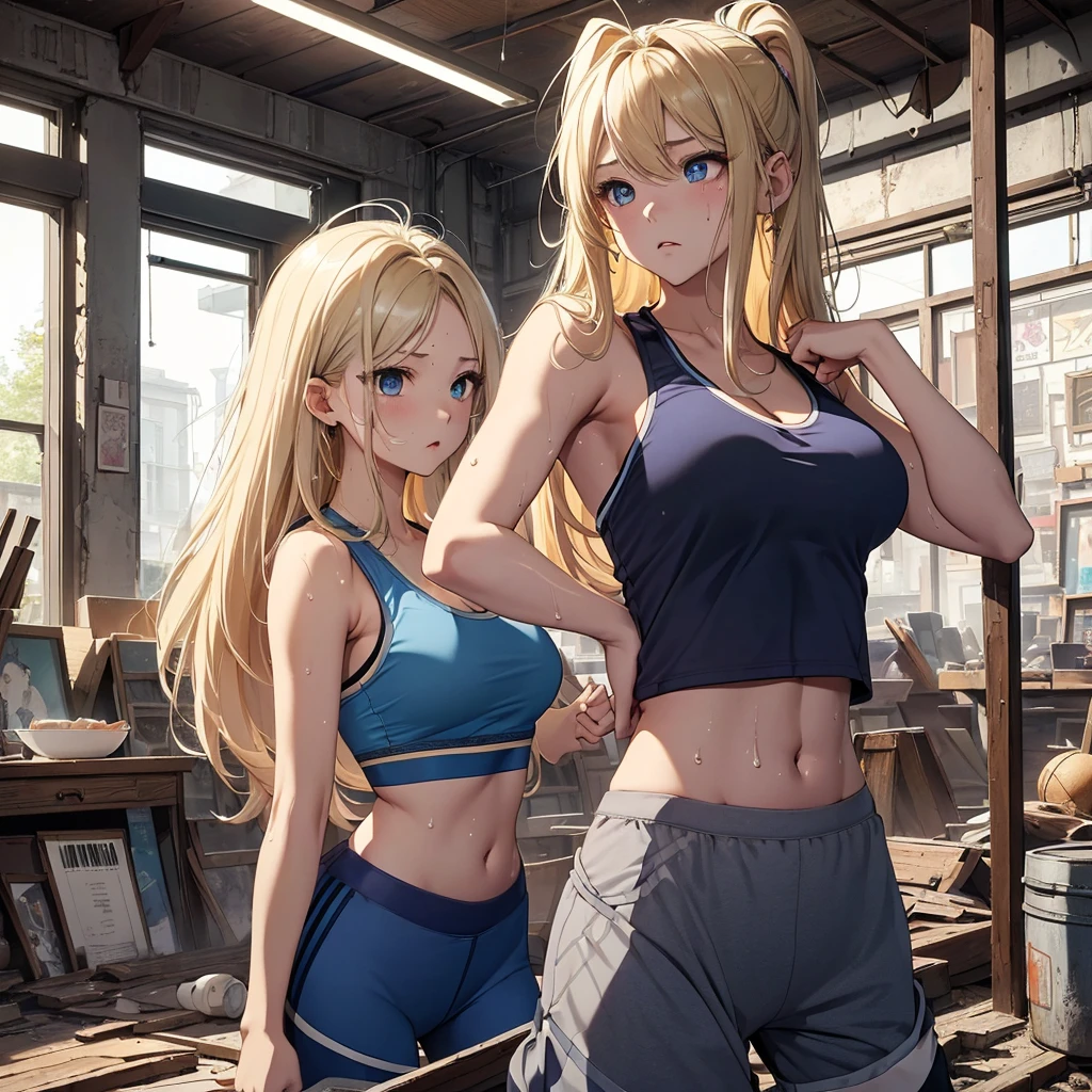 最high quality、best image quality、masterpiece、teenage girl((20-year-old、 By becoming、vest bust、medium bust,wide open breast tea、black eye, blonde hair、long hair、thin,highest valley、blue sports bra(1:2)、blue sports pants ((short pants))、Punching Pose、sweating、Sweat scattering)),high quality、beautiful art、background((dilapidated store、Bad group))debris flies、Depth of written boundary、movie、visual art、perfect art、8K,genuine、