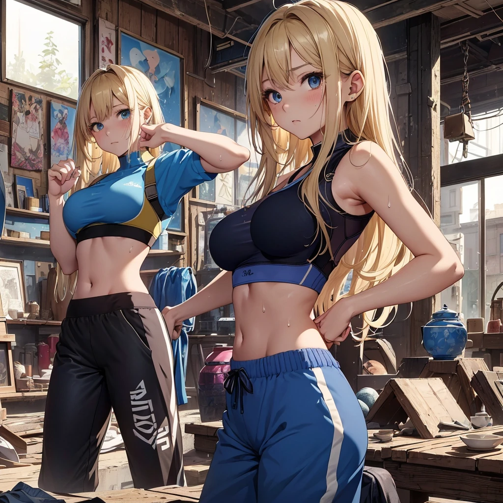 最high quality、best image quality、masterpiece、teenage girl((20-year-old、 By becoming、vest bust、medium bust,wide open breast tea、black eye, blonde hair、long hair、thin,highest valley、blue sports bra(1:2)、blue sports pants ((short pants))、Punching Pose、sweating、Sweat scattering)),high quality、beautiful art、background((dilapidated store、Bad group))debris flies、Depth of written boundary、movie、visual art、perfect art、8K,genuine、