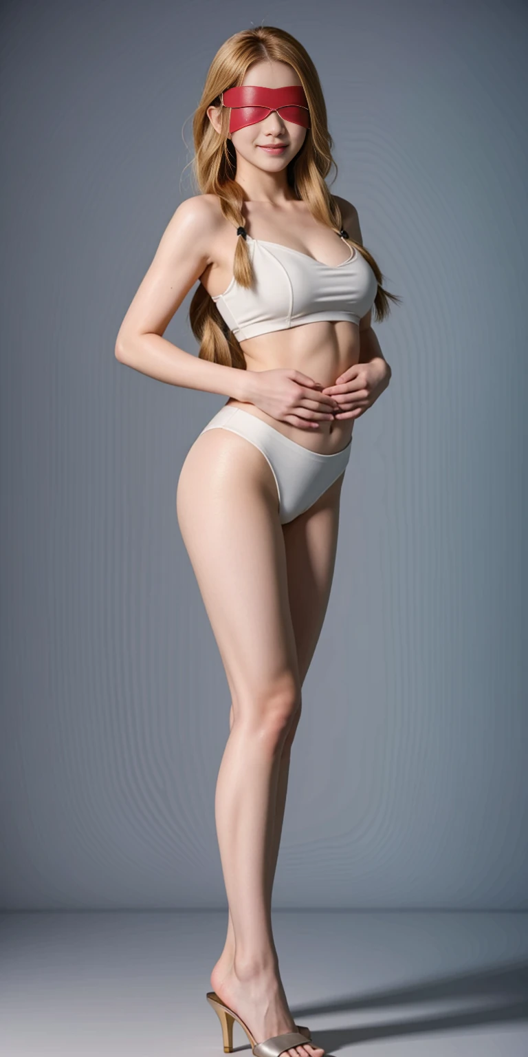 (masterpiece, HI quality: 1.1) 1girl full body standing good face, nice ass, hairstyle: braid, Color Hair: blonde long hair, Blindfolded: NO EYES, Skin: White (porcelain skin, sparkly skin), muscular, thighs, Mature woman, Abs, looks at the viewer smiling, extremely huge breasts, maternal, chest cover with clothes