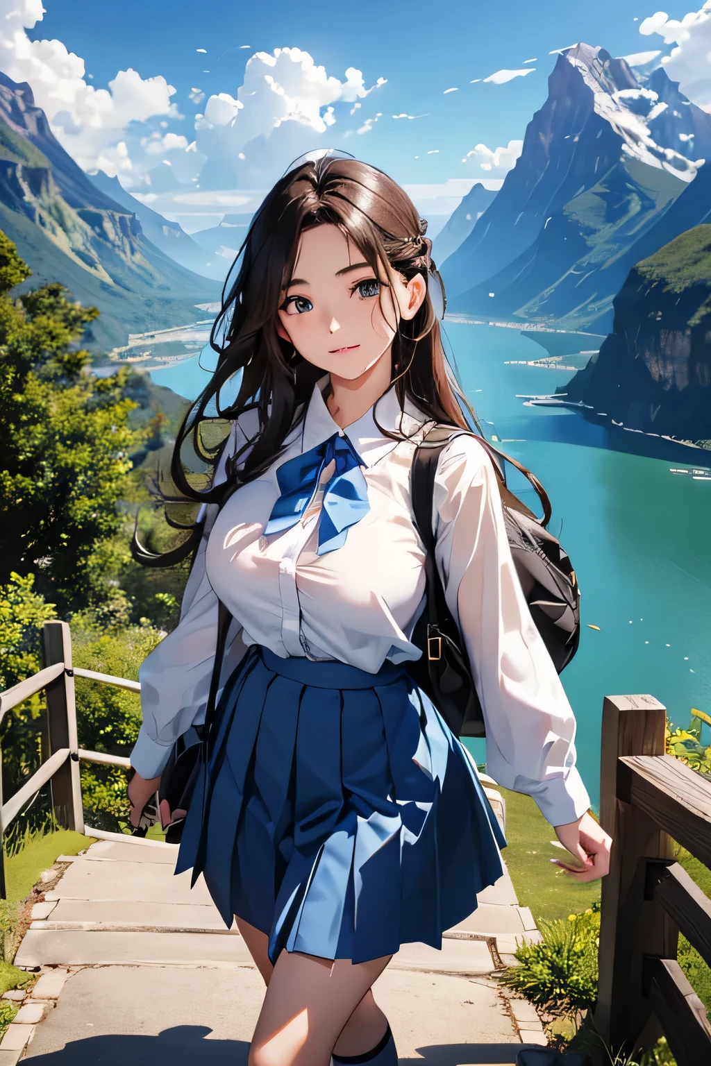 highest quality、High resolution、Detailed Background、(Beautiful face in every detail:1.4)、Anatomically correct、(Draw the usual number of fingers:1.2)、Detailed facial expressions、Detailed eyes、Detailed eyes、Beautiful, smooth skin、age beauty、(Huge breasts:1.2)、(Highly detailed face:1.4)、Perfect body line、
cute hair color、Brown Hair、Black Hair、braided bob、Braided long hair、Wavy Hairstyle、well-groomed eyebrows、Cute gestures、Walking in the air、A little excited expression、A happy look、Cute color sailor uniform、light blue sailor color、Pleated skirt、White knee-high socks、Cowboy Shot、
(A beautiful girl enjoying the thrill of walking in the air:1.5)、
Walking in the air is an activity where you walk on elevated walkways and suspension bridges.、
Access a walking space set up at an elevated location、
They continue to hold hands while walking in high places to show a sense of security and affection、
While walking, we talk about each other and the surrounding scenery、
Take photos of the scenery from high places and cute scenes during sky walking.、
You can feel the depth of the Grand Canyon by walking along this transparent walkway、
A high mountain in Milford Sound on New Zealand's South Island々You can walk along the sidewalk while enjoying the glacier scenery、The feature is a glass-floored walkway built on the cliff.、By walking on a deep ravine、You can enjoy the spectacular scenery、cute