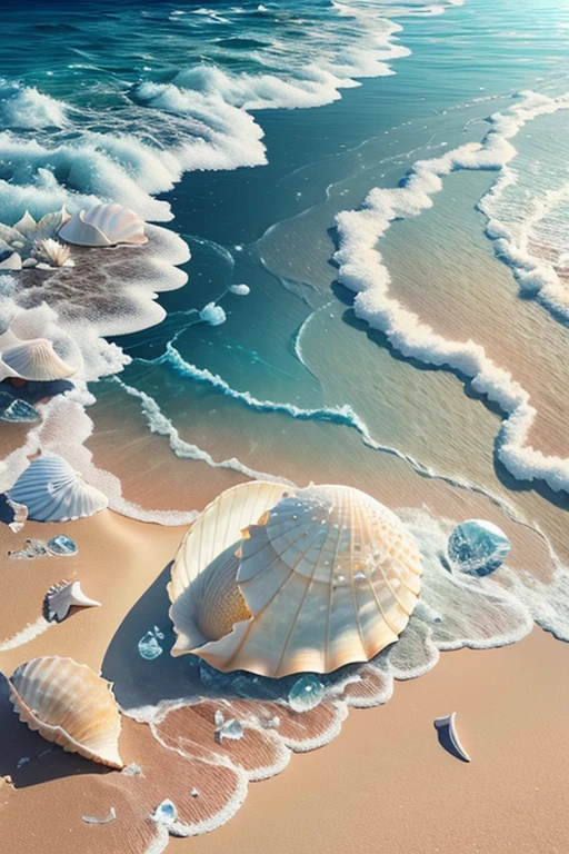 A realistic seashell, intricately shaped and textured, lying on the pristine and beautiful ocean shore, with crystal-clear waters gently lapping at its edges, shown in ultra-high definition, 8K.