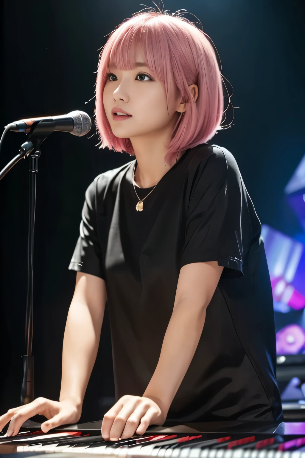 (((Live house:1.3, full body shot, front view))), ((pink hair:1.4, medium bob hair:1.3, well-balanced style:1.2, Japanese woman playing keyboard, keyboardist, cute)), (clean, natural makeup), (highest quality, masterpiece:1.3, ultra-high resolution), (extremely detailed, caustics), (realistic:1.4, RAW shot), very detailed, high resolution, 16K resolution)