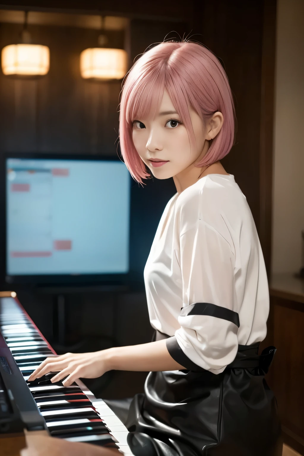 (((Live house:1.3, full body shot, front view))), ((pink hair:1.4, medium bob hair:1.3, well-balanced style:1.2, Japanese woman playing keyboard, keyboardist, cute)), (clean, natural makeup), (highest quality, masterpiece:1.3, ultra-high resolution), (extremely detailed, caustics), (realistic:1.4, RAW shot), very detailed, high resolution, 16K resolution)