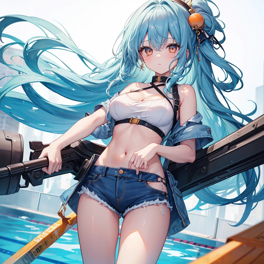((Highest quality)), ((masterpiece)), ((detailed)), (4K), a girl with blue hair and a top with short sleeves holding a screw driver, 1girl, 独奏, long hair, blue hair, navel, gloves, shorts, breasts, sweat, wrench, short shorts, very long hair, underwear, panties, holding, belt, arm up, ponytail, large breasts, blurry background, gray sky, rain, looking at viewer, black gloves, white panties, sports bra, wiping sweat, bow, bare shoulders, bangs, cowboy shot, yellow eyes, midriff, hair bow, (expressionless)