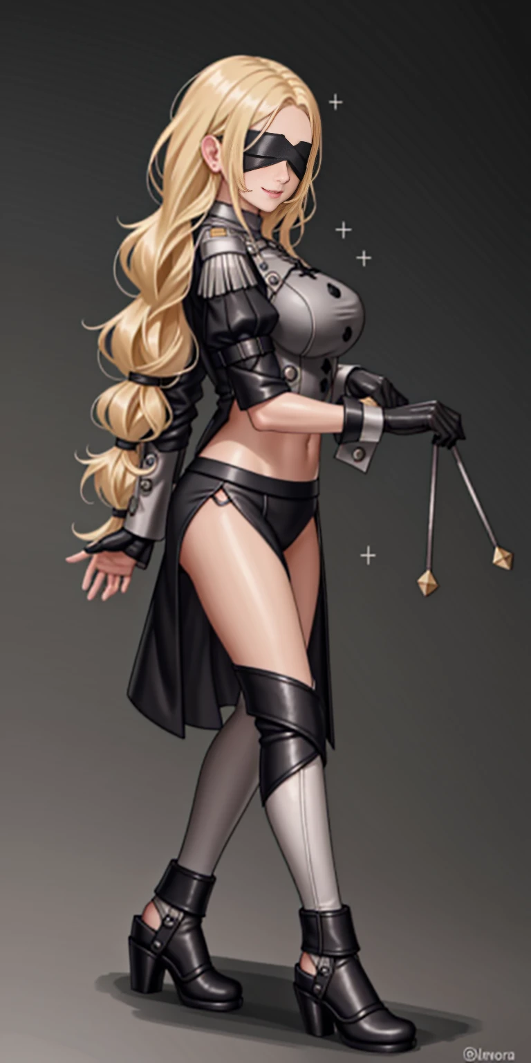 ((Best Quality, 8k, Masterpiece)), 1 girl, devil horns, tiny chest, dark skin, black corset, stockings, ((leather harness,strap-on,{standing}, (StrapOnDildo),)) blonde