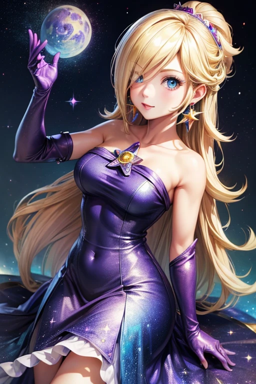((high detailed, best quality, 4k, masterpiece, hd:1.3)), rosalina, purple dress, sleeveless, galaxy themed dress, purple gloves, galaxy backdrop
