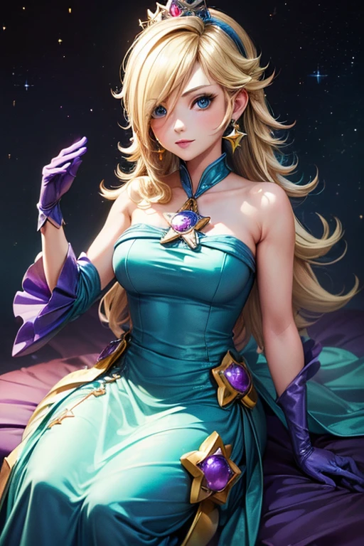 ((high detailed, best quality, 4k, masterpiece, hd:1.3)), rosalina, purple dress, sleeveless, galaxy themed dress, purple gloves, galaxy backdrop