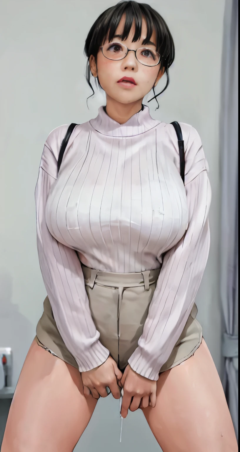 nsfw,(Perfect body),highest quality,(8K Portrait),(Official Art)、Browsing Caution、(((Big Breasts)))、obesity、((short hair))、blush,((isark hair)),(Sweat),((((Take off your sweater))))、Black knee socks、One Woman,((:is))、hot、Office Room、Glasses、Erect nipples、showing off panties、Overflowing Sex Fluids、Sexy lingerie made of thin fabric、(Crouch:1.5)、(Wide-open legs:1.5)、whole body