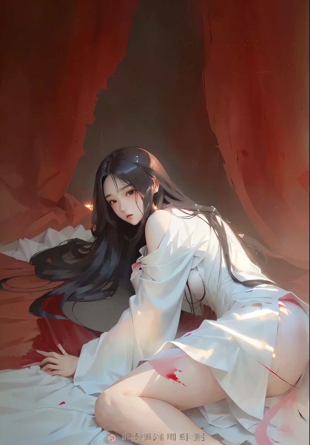 Anime girl in white dress lying on bed with blood on her legs, flowing hair and robes, beautiful woman in the art of demon slayer, long black hair, wearing a long hair cape, by Yang J, long hair and sharp eyes, beautiful female Grim Reaper, by Zhou Fang, a female vampire of the Banu Haqim clan
