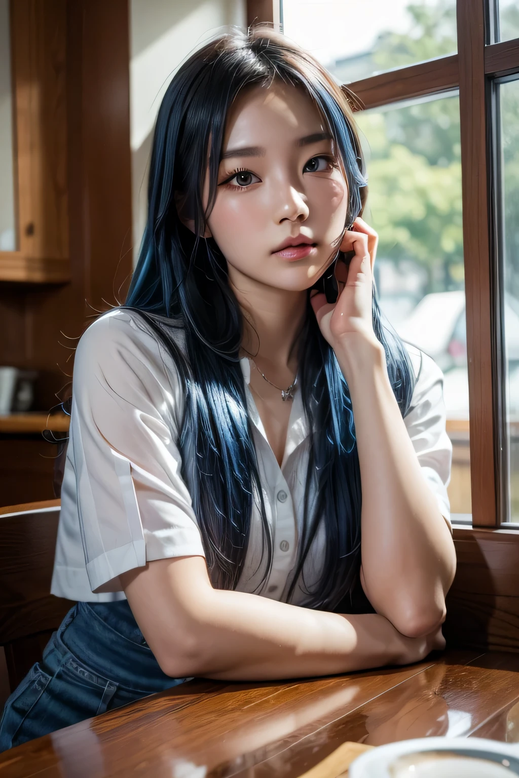 Korean woman sitting at a cafe table drinking coffee、Photos of Lee Gahyeon。Window sunlight, Blue Hair, Dynamic pose, Skin Texture, Pale skin, Shiny skin, (slim, small:1.2), [:(Sharp focus on the face, Detailed face, Perfect Eyes, View your viewers:1.2):0.2], Realistic, Film Grain, 最high quality, masterpiece masterpiece, 最high quality, high quality, High resolution,