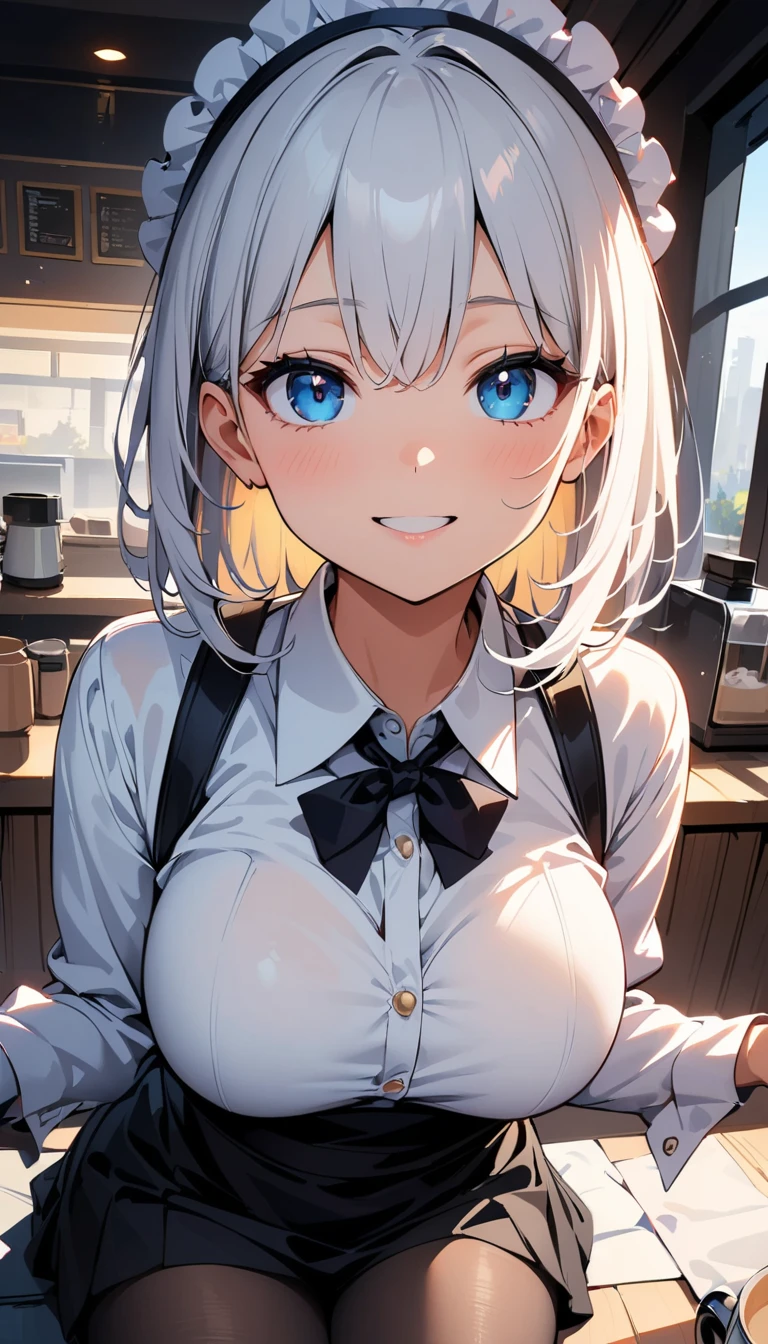 (high quality, 8k, 4K, High Contrast, masterpiece:1.2, 最high quality, Best aesthetics), , Maid, Very detailed, Seductive and erotic girl with lace headdress, smile, (Normal milk, Silver fur), Focus on the face, Focus on the face, Complex eyes, tights, laced tights, coffee shop, Ground angle shot, Viewers looking up, feet in tights, Open-chested clothing