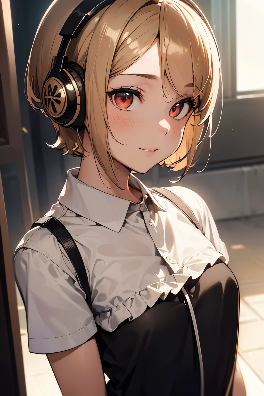 1 girl, , UHigh resolution, retina, masterpiece, Accurate, Anatomically correct, Rough skin, Very detailed, Advanced Details, high quality, Awards, 最high quality, High resolution, High resolution, 4K,(anime,8k,masterpiece, 最high quality, 最high quality,beautifully、aesthetic:1.2,Professional Illustration:1.1,Very detailed:1.3,Perfect lighting),Very detailed,Most detailed,Unbelievably absurd,High resolution,Very detaileded,Complex:1.6, Cute pose,young,③red eyes,detailed face, fine eyes, Skin details,④: animation, figure,
⑤: (parted bangs: 1.5),(diagonal bang:1.5) ,(very short hair:1.7),(Light brown hair:1.2),⑦: (head shot:1.5), looking at the viewer, ⑧: Camisole blouse,(Headphones:1.5),profile,(shirt:1.3),smile