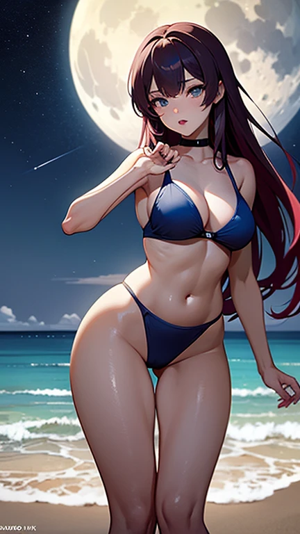 A stunning 8k anime-style illustration of a woman outdoors on a beach. She has long, slender legs and a wide, toned hips, with a tiny waist and a round, well-defined chest. She has a beautiful face with blue eyes, red and plump lips, and long, cascading hair that combines red and blue tones. The full moon and Milky Way fill the sky behind her, creating a captivating backdrop. This artwork is a masterpiece of skill and technique, showcasing the artist's exceptional talent in the anime style. The photo is taken from a downward angle, accentuating the beauty and grace of the woman in this serene setting.