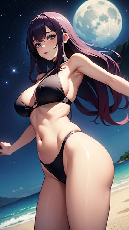 A stunning 8k anime-style illustration of a woman outdoors on a beach. She has long, slender legs and a wide, toned hips, with a tiny waist and a round, well-defined chest. She has a beautiful face with blue eyes, red and plump lips, and long, cascading hair that combines red and blue tones. The full moon and Milky Way fill the sky behind her, creating a captivating backdrop. This artwork is a masterpiece of skill and technique, showcasing the artist's exceptional talent in the anime style. The photo is taken from a downward angle, accentuating the beauty and grace of the woman in this serene setting.