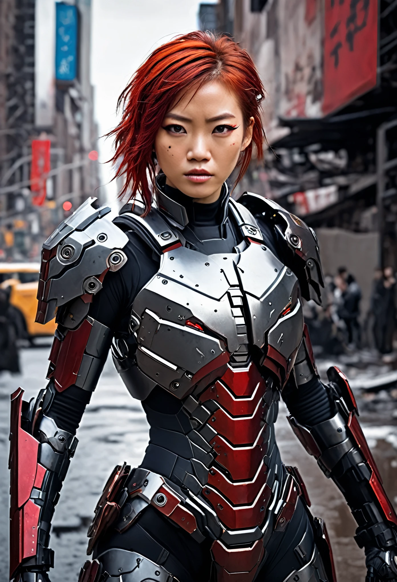(Masterpiece, Best Quality, photorealestic:1.4), , (UHD, 8k wallpaper, High Resolution), japanese girl as a cyborg war mechine in a cyborg military armor (take a shield on her forearm:1.4), dusty bodywork, messy red hair, beautiful face, very tight musculature, dynamic pose, sharp expression. Against the backgroind of a ruined New York City, dressed in red black cyborg military armor is like ironman armor, Oppressive atmosphere, postapocalypse, photon mapping