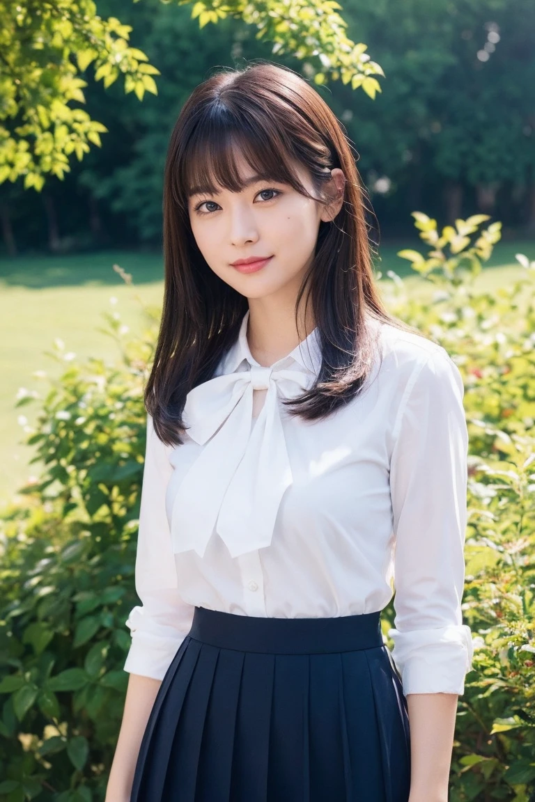 Medium View, Medium Shot, Written boundary depth, bust, Upper Body, Cinematic Angles, masterpiece, highest quality, Very detailed, cg, 8K Wallpaper, Beautiful Face, Delicate eyes, Otome, alone, smile, bangs, skirt, shirt, bow, petal, bouquet