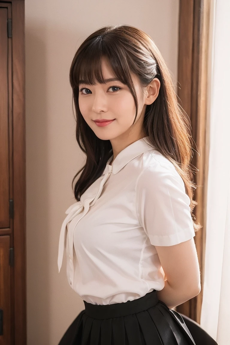 Medium View, Medium Shot, Written boundary depth, bust, Upper Body, Cinematic Angles, masterpiece, highest quality, Very detailed, cg, 8K Wallpaper, Beautiful Face, Delicate eyes, Otome, alone, smile, bangs, skirt, shirt, bow, petal, bouquet