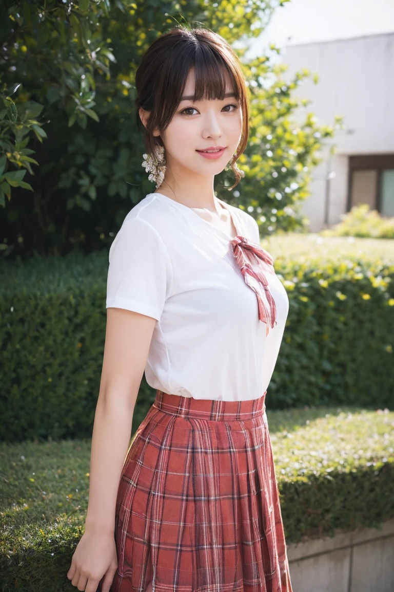 Medium View, Medium Shot, Written boundary depth, bust, Upper Body, Cinematic Angles, masterpiece, highest quality, Very detailed, cg, 8K Wallpaper, Beautiful Face, Delicate eyes, Otome, alone, smile, bangs, skirt, shirt, bow, petal, bouquet
