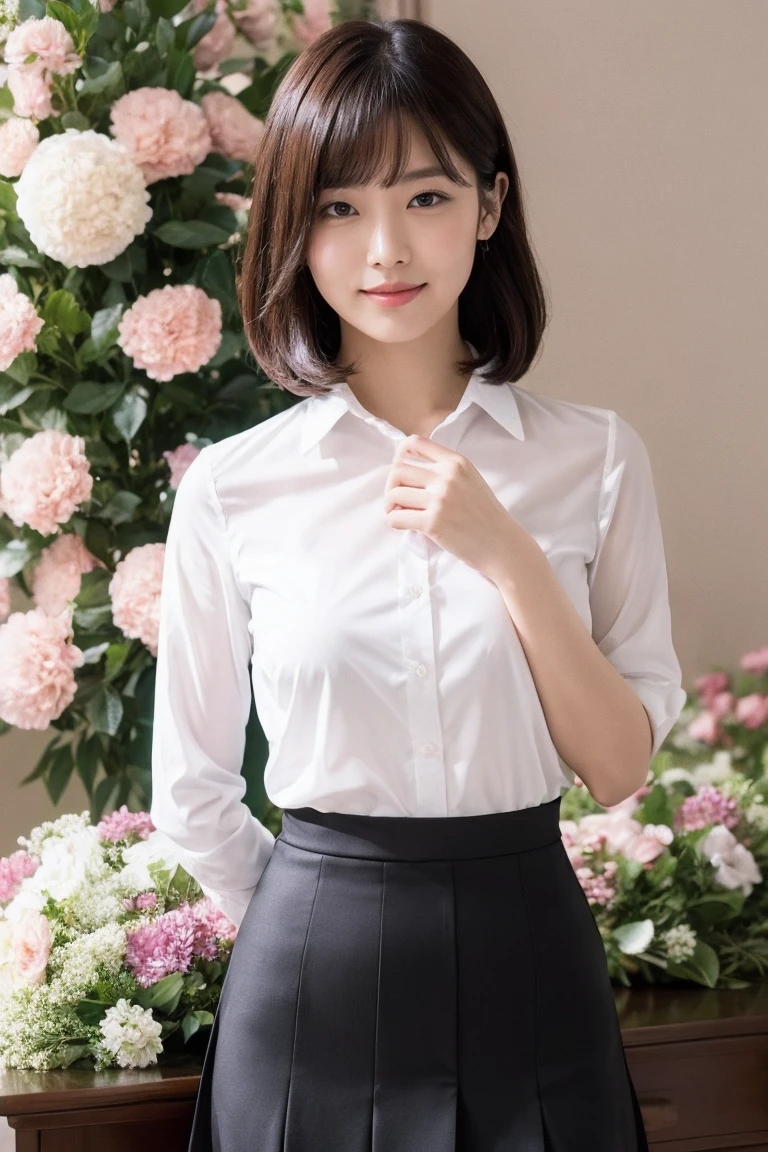 Medium View, Medium Shot, Written boundary depth, bust, Upper Body, Cinematic Angles, masterpiece, highest quality, Very detailed, cg, 8K Wallpaper, Beautiful Face, Delicate eyes, Otome, alone, smile, bangs, skirt, shirt, bow, petal, bouquet