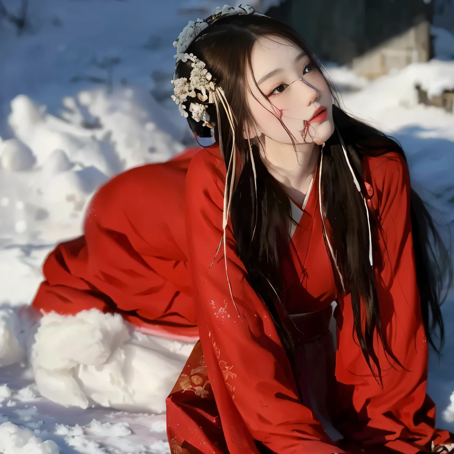 araffe woman in red dress laying in snow with snow on her face, hanfu, inspired by Zhang Yan, palace , a girl in hanfu, inspired by Chen Yifei, wearing ancient chinese clothes, inspired by Lü Ji, white hanfu, inspired by Tang Yifen, chinese girl, pale snow white skin, chinese woman