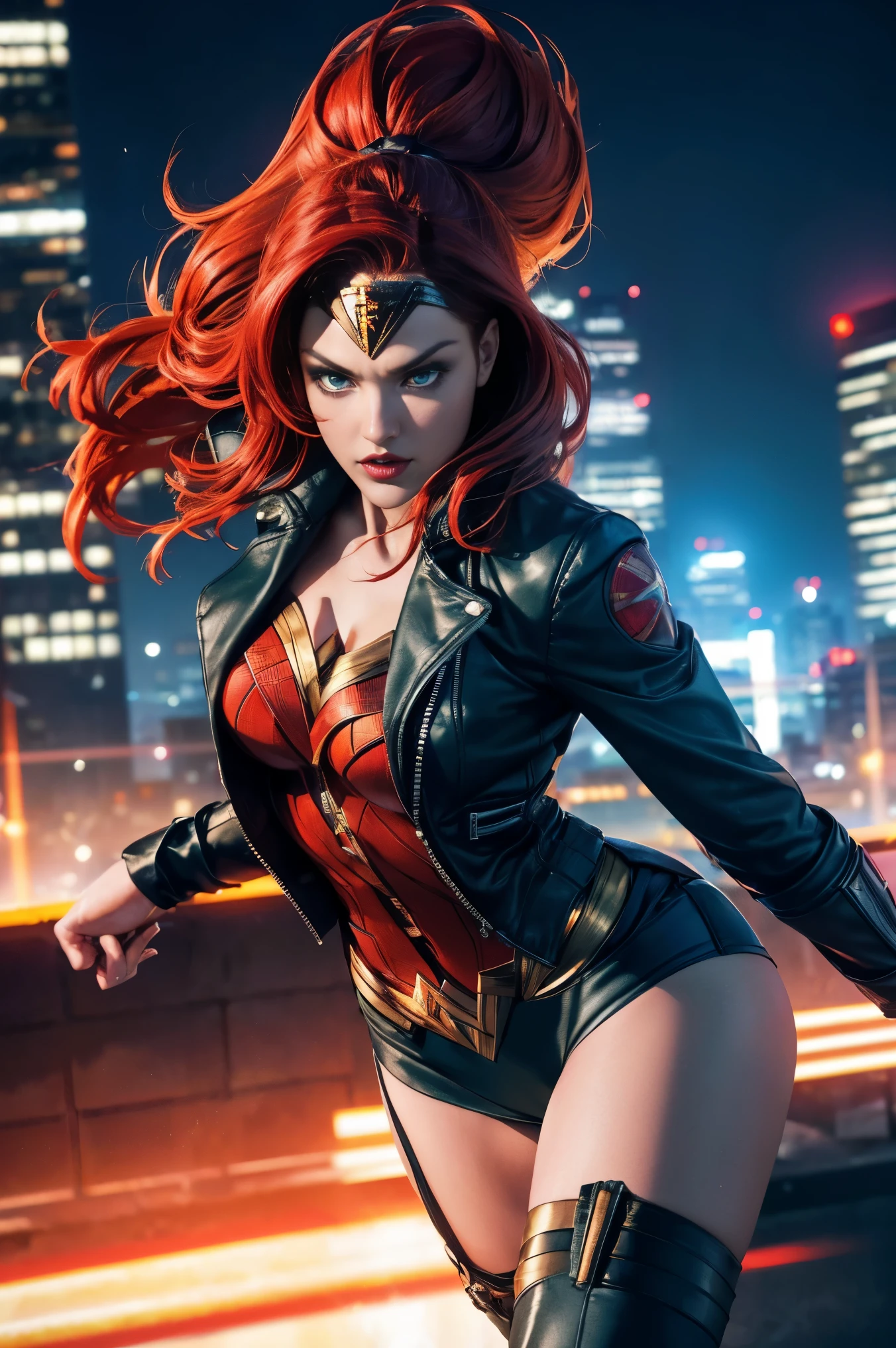 best quality,ultra-detailed,realistic) vibrant colors,comic book style,(studio lighting,sharp focus) female superhero in action,leaping into the air,powerful stance,with a golden lasso of truth,defending the innocent,brave and confident,(dazzling red lips,eyes full of determination),flying through a dynamic cityscape,with towering skyscrapers and bustling streets, futuristic technology,explosions and chaos,a symbol of strength and justice,inspiring hope and courage.  ((A Red hair , green eyes classic 70 outfit (biker jacket) Wonder Woman) () (