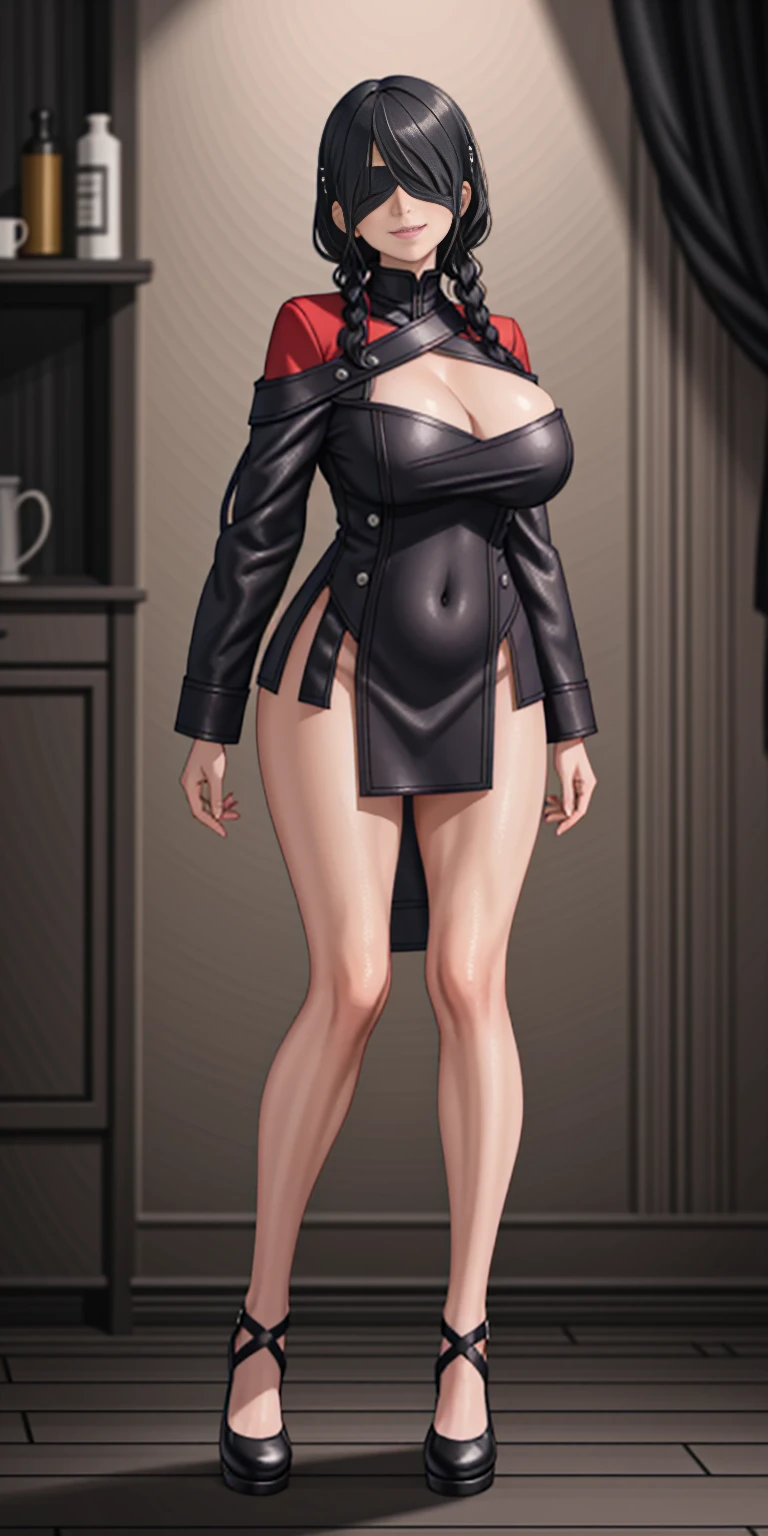 (masterpiece, HI quality: 1.1) 1girl full body standing good face, nice ass, hairstyle: braid, Color Hair: WHITE long hair, Blindfolded: NO EYES, Skin: White (porcelain skin, sparkly skin), muscular, thighs, Mature woman, Abs, looks at the viewer smiling, extremely huge breasts, maternal, chest cover with clothes (Yor Forger - Spy x Family)
