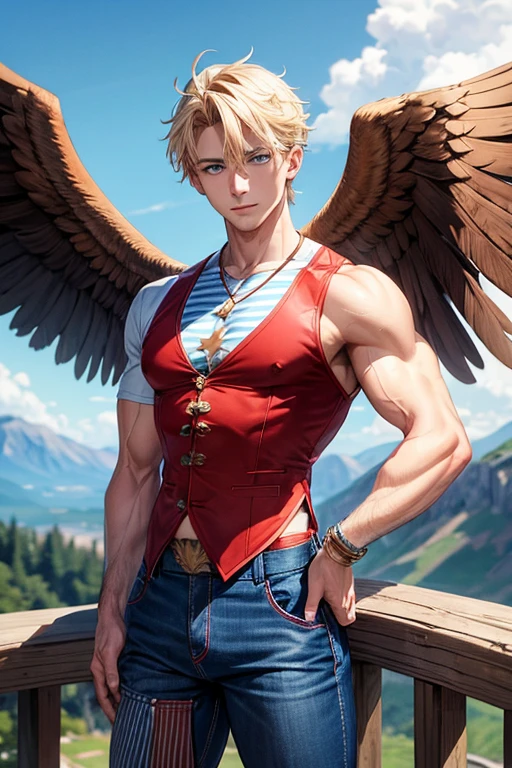 Man with blonde hair, slim muscular complexion with large brown eagle wings on his back, blue eyes, red t-shirt with red and blue stripes, vest with blue print with stars, red pants, blue denim pants, large brown falcon wings on his back, mountain background