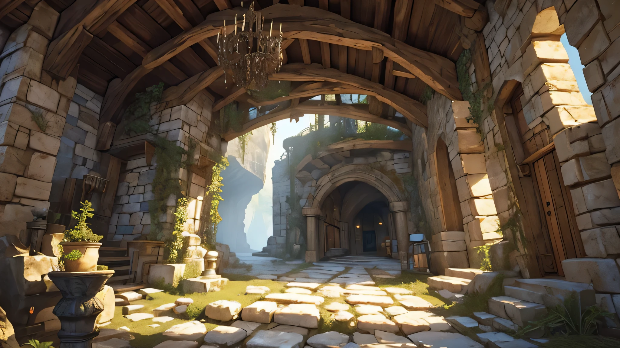 best quality,ultra-detailed,realistic,inside of a mountain cave was rooms, fantasy theme ,illustration,stone textures, ancient architecture, mysterious atmosphere, hidden chambers and corridors, medieval fantasy world