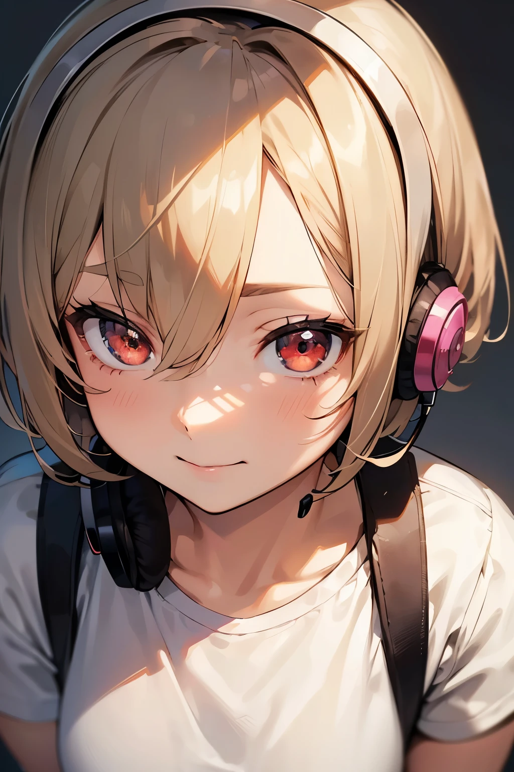 1 girl, , UHigh resolution, retina, masterpiece, Accurate, Anatomically correct, Rough skin, Very detailed, Advanced Details, high quality, Awards, 最high quality, High resolution, High resolution, 4K,(anime,8k,masterpiece, 最high quality, 最high quality,beautifully、aesthetic:1.2,Professional Illustration:1.1,Very detailed:1.3,Perfect lighting),Very detailed,Most detailed,Unbelievably absurd,High resolution,Very detaileded,Complex:1.6, Cute pose，young，③red eyes,detailed face, fine eyes, Skin details，④: animation, figure, 
⑤: (diagonal bang:1.5) ，(very short hair:1.7)，(Light brown hair:1.2)，⑦: (head shot:1.5), looking at the viewer, ⑧: Camisole blouse，(Headphones:1.5)，profile，(shirt:1.3)，smile