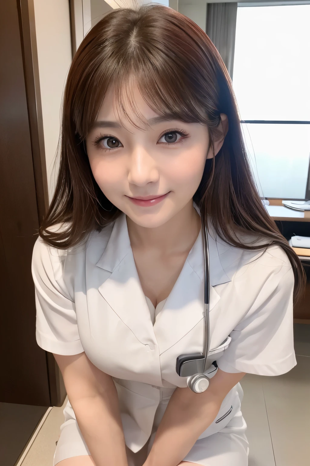 (１woman)、(Japanese、45years old、Refreshing、clear、seems kind、stylish、(narrow eyes)、Pitiful、cute like an angel、cute、black eyes、,actress,Slit eyes), Good style , (Beautiful big breasts:1.0),(soft breasts),(very cute),(brown hair),,( long hair、Straight Hair,one-length）,(enchanting eyes),(highlight on eyes:1.2)、(8K、Live shooting、highest quality、masterpiece:1.2、optimal lighting)、((masterpiece)),(Photo taken by a professional photographer),(real、photo real:1.4),break,{ (white nurse costume),(((taraditional nurse uniform))),(white nurse mini skirt),(( pantyhose)),(cleavage:0.7)},(Smile1.0),(cheeks are red:1.2)、Face close-up:1.3,Looking at viewer, break, break,Hospital ,waiting room