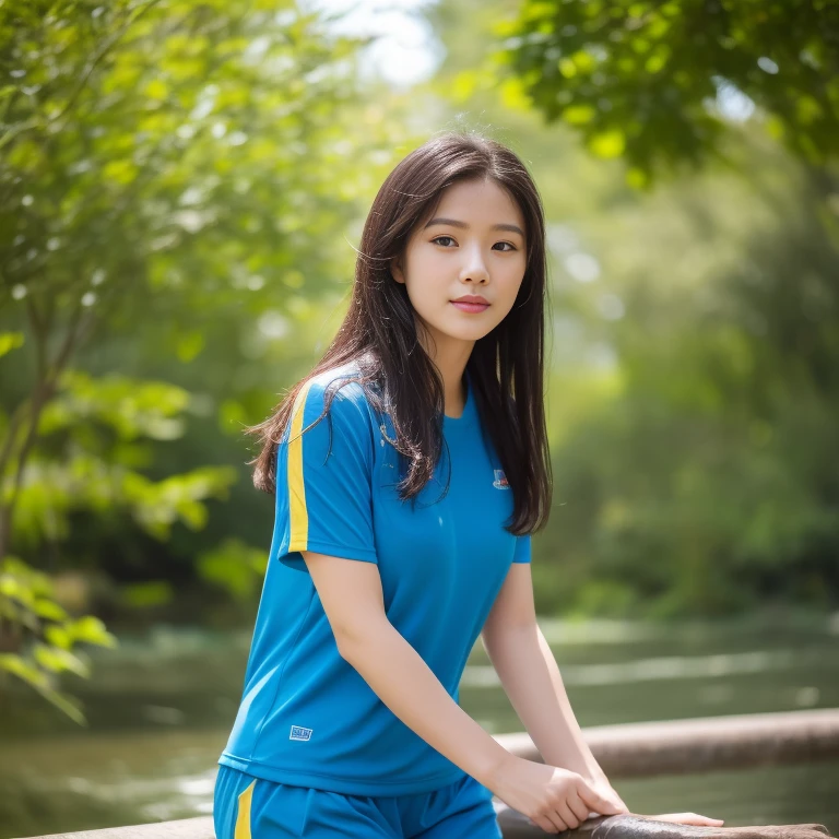 Young woman, I am 25 years old, looking at the city at the camera,) Long, flowing hair, blue short-sleeved shirt with number 18 on it.,) 18,) Sweatpantsขายาวสีกรมท่า,Sweatpants, Sweatpantsขายาว, exercise clothes, wet body, exercise clothes, Outdoors in the midst of nature, I also have top Nong Sung flowers, red and yellow all around., 8K photos, Overtake the light and sound 45,000,000 Chili Cell,