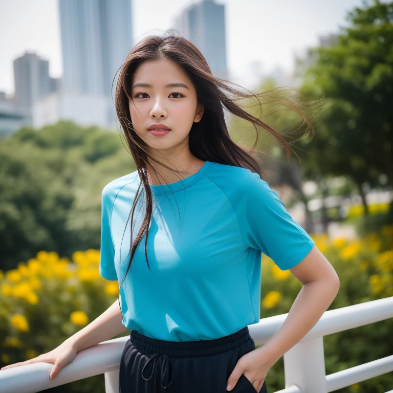 Young woman, I am 25 years old, looking at the city at the camera,) Long, flowing hair, blue short-sleeved shirt with number 18 on it.,) 18,) Sweatpantsขายาวสีกรมท่า,Sweatpants, Sweatpantsขายาว, exercise clothes, wet body, exercise clothes, Outdoors in the midst of nature, I also have top Nong Sung flowers, red and yellow all around., 8K photos, Overtake the light and sound 45,000,000 Chili Cell,