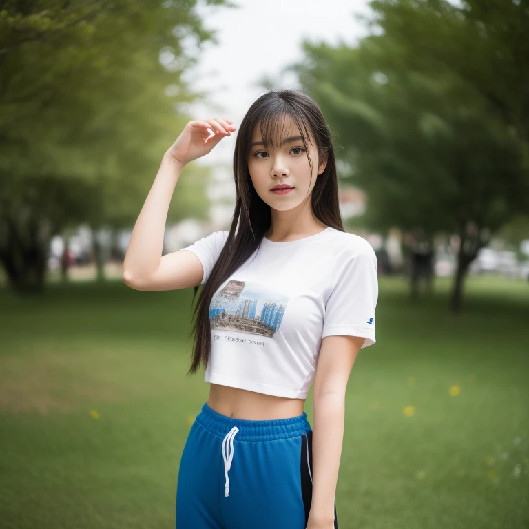 Young woman, I am 25 years old, looking at the city at the camera,) Long, flowing hair, blue short-sleeved shirt with number 18 on it.,) 18,) Sweatpantsขายาวสีกรมท่า,Sweatpants, Sweatpantsขายาว, exercise clothes, wet body, exercise clothes, Outdoors in the midst of nature, I also have top Nong Sung flowers, red and yellow all around., 8K photos, Overtake the light and sound 45,000,000 Chili Cell,