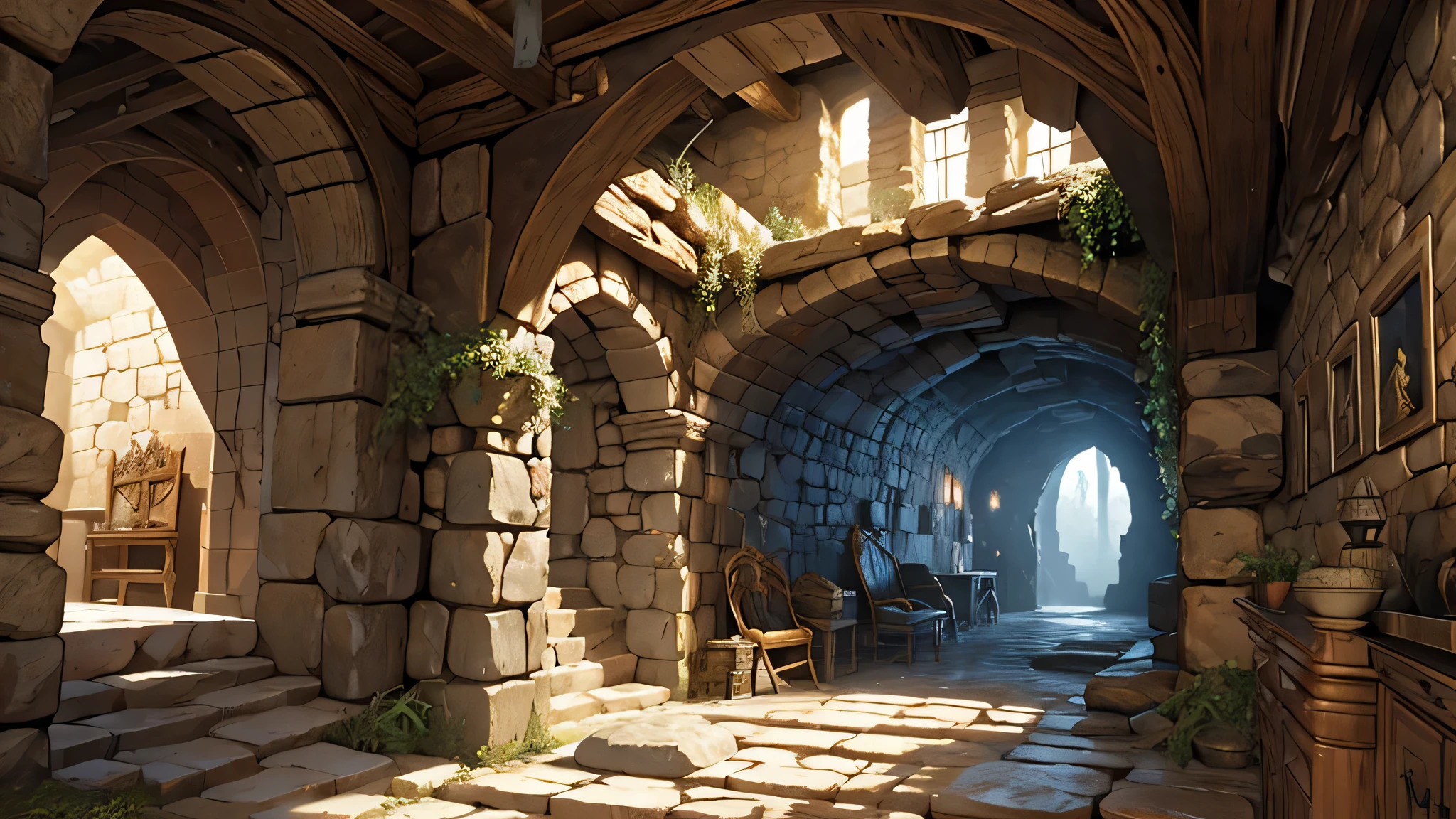 best quality,ultra-detailed,realistic,inside of a mountain cave was rooms, fantasy theme ,illustration,stone textures, ancient architecture, mysterious atmosphere, hidden chambers and corridors, medieval fantasy world