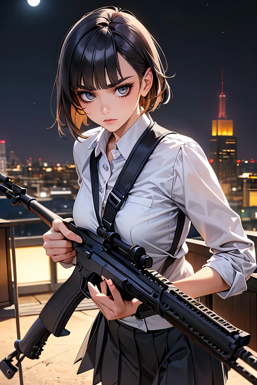 (((Woman firing an automatic rifle:1.5、excluding sight,A detailed depiction of an automatic rifle:1.7))),Synchronize your gaze and body direction、(((perfect anatomy:1.4,realistic:1.4,RAW Photography:1.4,masterpiece、highest quality、Ultra - High resolution、High resolution、Highly detailed CG、8K))),cowboy shot,1 female,solo、18 year old beauty,Japanese,((beautiful detailed face and eyes:1.3,big gorgeous eyes:1.3,gray eyes)),black hair,short bob hair,blunt bangs,Serious expression,(medium breasts,slender body,small head:1.3,skinny),(gleaming skin:1.4,oily skin,shiny skin),(Female Soldier、White collared shirt、Pleated black tanding,Shooting stance,High-rise building rooftop、at night、moonlight,