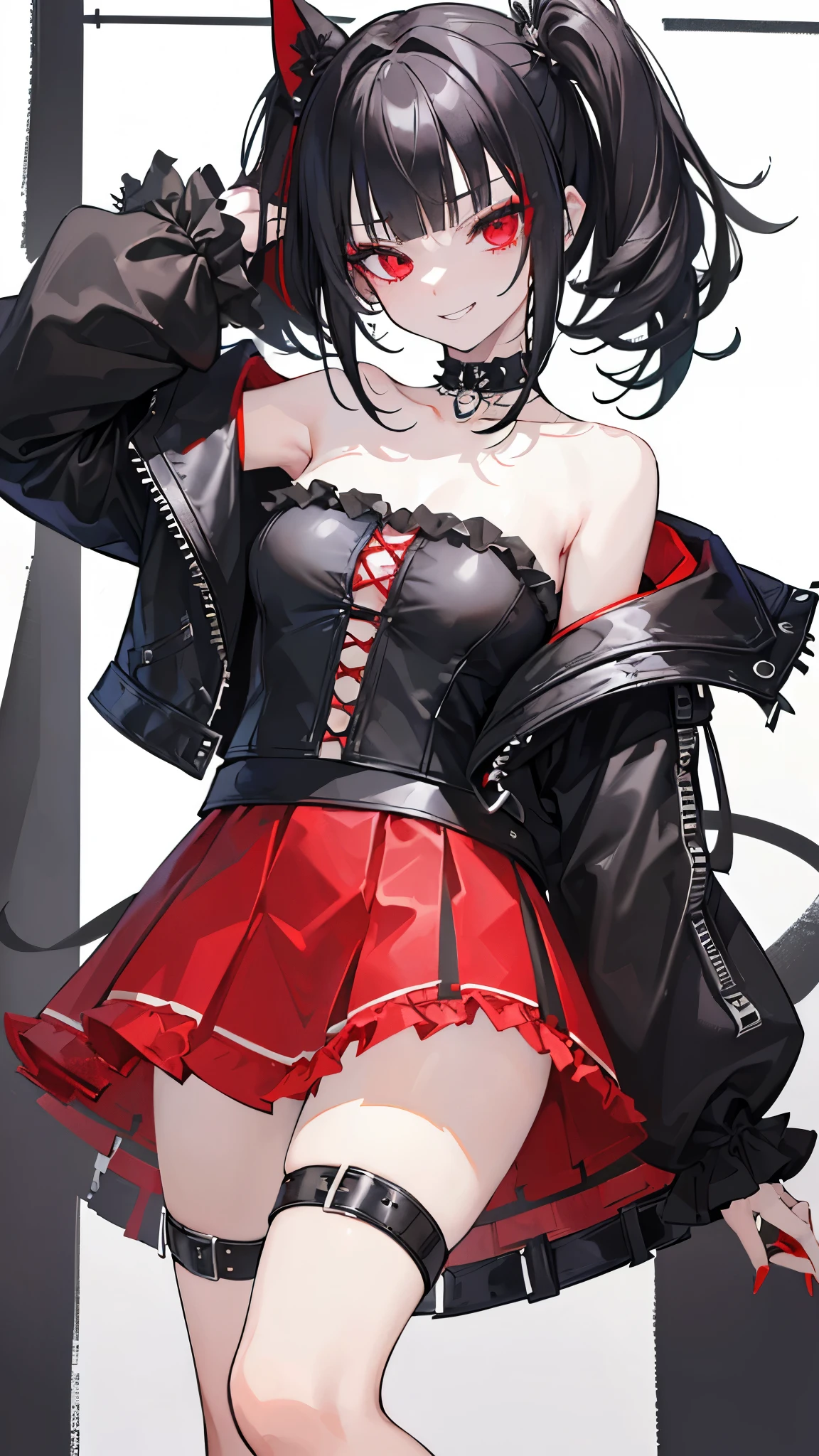 ((masterpiece、highest quality、Super detailed))、One girl、Black Hair、short hair、twintails、blunt bangs、Red eyes、evil smile、((Grin))、Small breasts、((Black ruffled clothes))、Off the shoulder、Strapless、((Black Leather Jacket))、((Checkered Skirt))、edgpskirt、multiple chains、Fishnet tights、Cowboy Shot、I have an electric guitar、dj club background