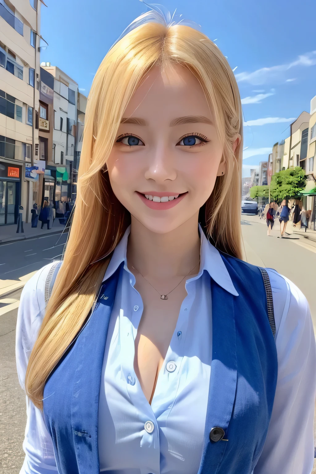 Blue button-up shirt、Japanese、Gal、Blonde、blue eyes、cute、smile、Upper body close-up、Sunny cityscape in the background