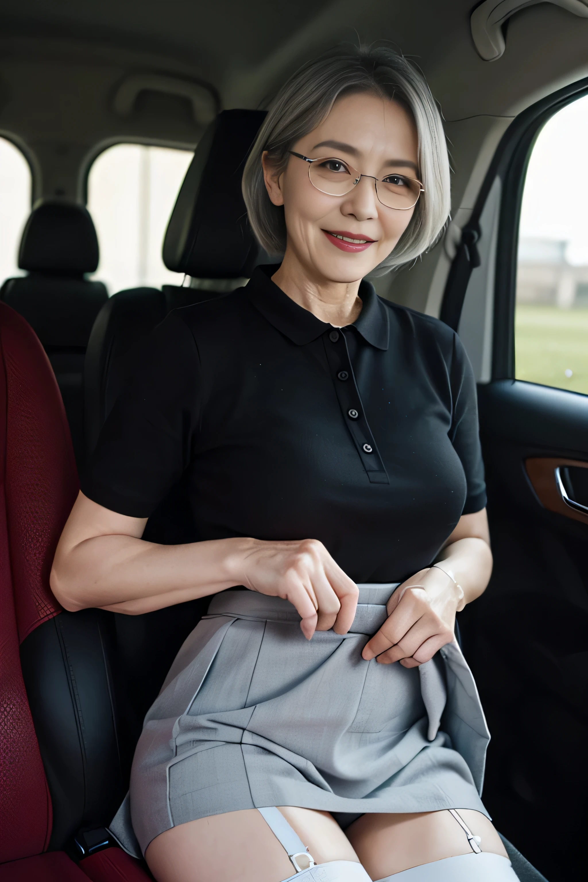 (Masterpiece:1.4),(60-year-old woman:1.4),(Wrinkles on the face1.24),smile,gray hair,square glasses,(panchira,skirt,skirt lift,panty shot:1.5),in the car
