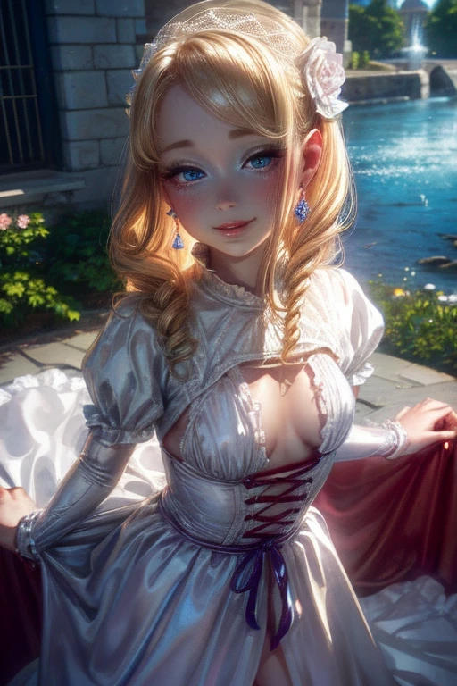 (best quality, 4k, 8k, high resolution, masterpiece: 1.2), ultra detailed, (realistic, photorealistic, photorealistic: 1.37), wearing a sexy white lace victorian dress, beautiful detailed blue eyes, beautiful blonde hair detailed, beautiful detailed lips, very detailed eyes and face, long detailed eyelashes, illustration of Virginia Otis, 26 years old, blonde hair, blue eyes, cute younger face, slim and cute face in pixar studio style, very sexy and very young , 26 years old., white skin, 18 years old, (breasts visible) happy, smiling, (blushing), posing on a castle. Highly detailed RAW color photo, Virginia Otis, , in a sexy Victorian dress, pixar style, in the style of bright 3D objects, She has a cartoonish smile, rosy cheeks, a social contest winning photograph, dress, holds holding the hem of the dress with both hands, lifting it slightly, blue eyes, long blonde hair, dorne, very very curly blonde hair, castle corridors, vibes, iridescence/opalescence, glitter, highly detailed photorealistic, 16k --style expressive - -niji 5 (MATRIX) amazing and realistic shadows, (highly detailed background plane: 1.2), artistic photo Waiting to start