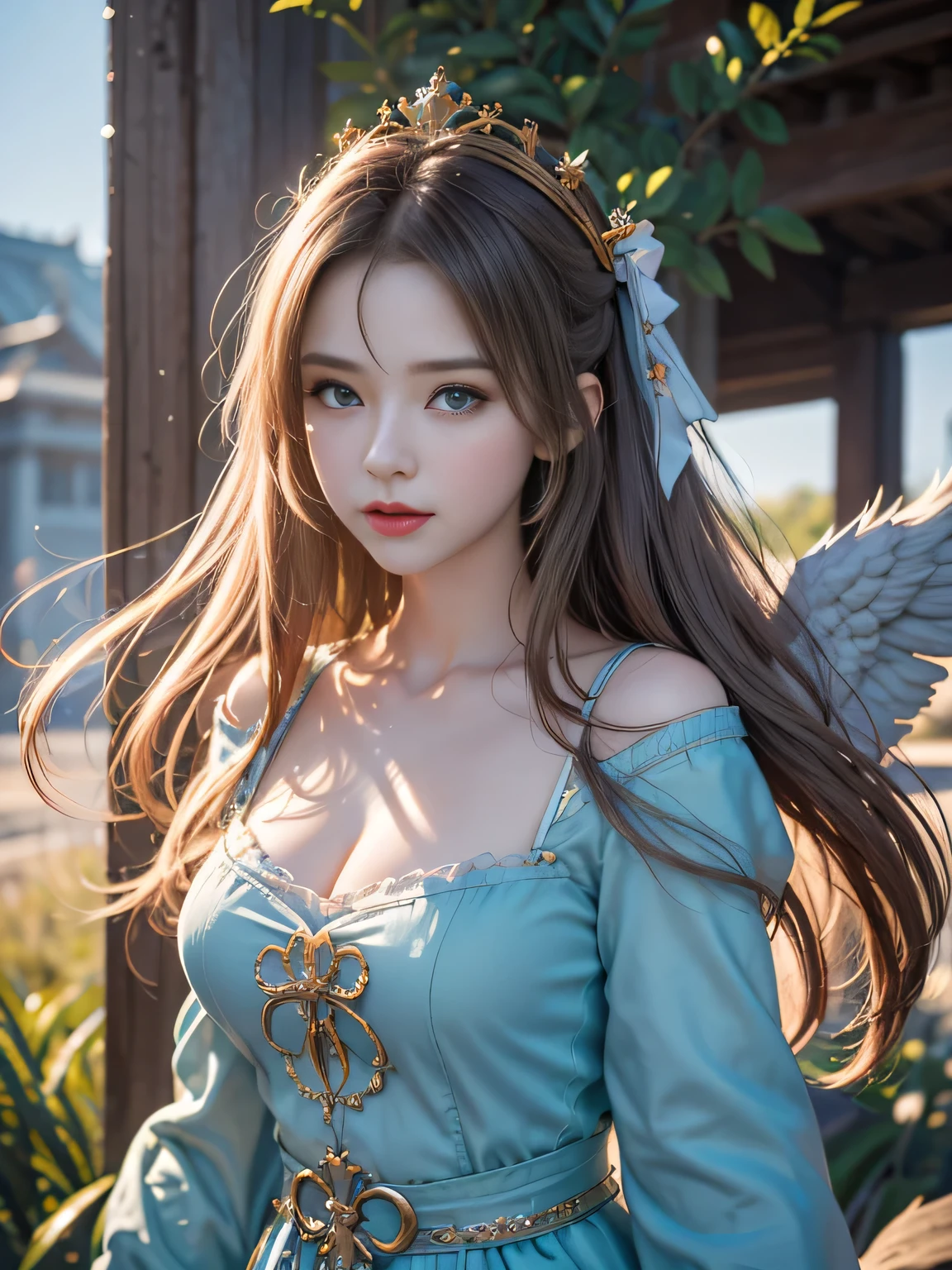 masterpiece, best quality, (Extremely detailed CG Unity 8K wallpaper), (best quality), (Best Illustration), (The best shadow), absurd, Realistic lighting, (abyss), Beautiful and delicate light, Peter Moore (Peter Mohr Bacher) Artworks,Oversized wings。An angel girl，Flying to the clouds，Baiyun，Baiyun，Blue sky。Blue sky。Blue sky。（White papal robe1.3），（Golden Wings 1.3），Wearing a crown on his head，