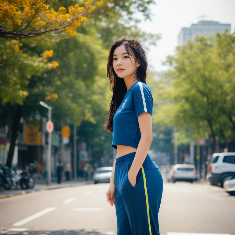 Young woman, I am 25 years old, looking at the city at the camera,) Long, flowing hair, blue short-sleeved shirt with number 18 on it.,) 18,) Sweatpantsขายาวสีกรมท่า,Sweatpants, Sweatpantsขายาว, exercise clothes, wet body, exercise clothes, Outdoors in the midst of nature, I also have top Nong Sung flowers, red and yellow all around., 8K photos, Overtake the light and sound 45,000,000 Chili Cell,