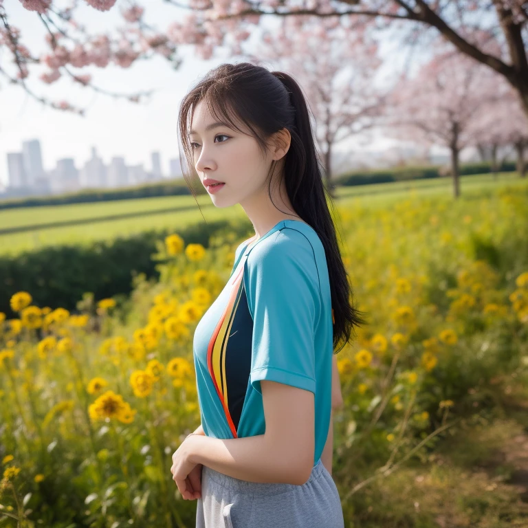 Young woman, I am 25 years old, looking at the city at the camera,) Long, flowing hair, blue short-sleeved shirt with number 18 on it.,) 18,) Sweatpantsขายาวสีกรมท่า,Sweatpants, Sweatpantsขายาว, exercise clothes, wet body, exercise clothes, Outdoors in the midst of nature, I also have top Nong Sung flowers, red and yellow all around., 8K photos, Overtake the light and sound 45,000,000 Chili Cell,