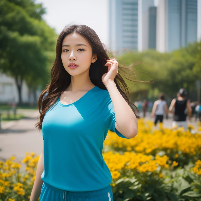 Young woman, I am 25 years old, looking at the city at the camera,) Long, flowing hair, blue short-sleeved shirt with number 18 on it.,) 18,) Sweatpantsขายาวสีกรมท่า,Sweatpants, Sweatpantsขายาว, exercise clothes, wet body, exercise clothes, Outdoors in the midst of nature, I also have top Nong Sung flowers, red and yellow all around., 8K photos, Overtake the light and sound 45,000,000 Chili Cell,