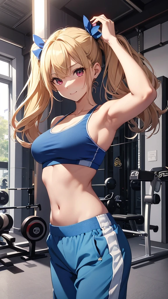 top-quality、Top image quality、masterpiece、girl with((18year old、Blue Sports Bra、Blue sports pants、Best Bust、Bust 90、Blonde twintails、Red Eyes、open chest wide、Valley、Happiness、A slender、ssmile,Fitness Boxing、globe、))hiquality、Beautiful Art、Background with((sports club))、masutepiece、Elaborate design、visualart、