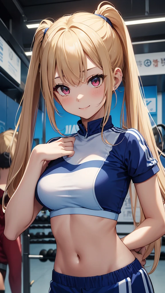 top-quality、Top image quality、masterpiece、girl with((18year old、Blue Sports Bra、Blue sports pants、Best Bust、Bust 90、Blonde twintails、Red Eyes、open chest wide、Valley、Happiness、A slender、ssmile,Fitness Boxing、globe、))hiquality、Beautiful Art、Background with((sports club))、masutepiece、Elaborate design、visualart、