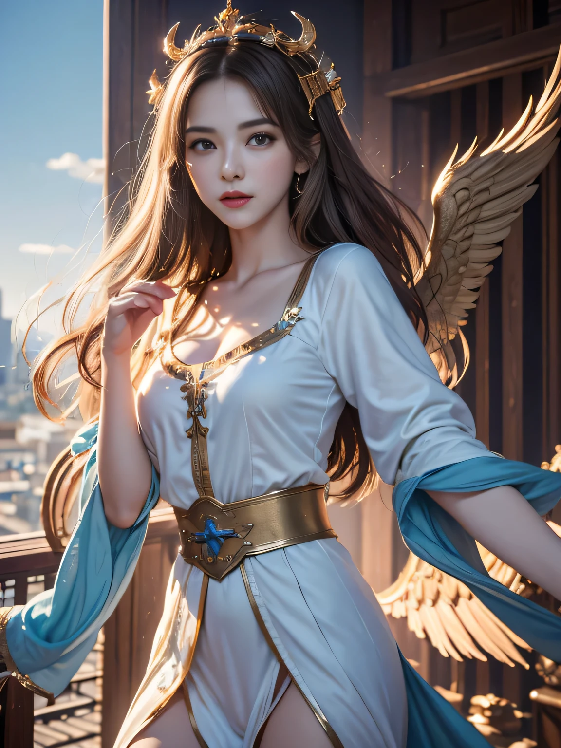 Create an image of Elara, a celestial goddess. She is tall and majestic, with pearlescent, slightly glowing skin. Her long hair flows down to her waist, made of pure light and shimmering in golden and silver tones. Her eyes shine like stars, with a silvery background and golden pupils. Elara wears an ethereal gown of luminous mist that changes color depending on her mood: sky blue when calm, golden in battle, and silver in contemplation. She has a pair of giant wings made of pure light, resembling delicate feathers with an intense glow. She wears a crown of floating stars and gold bracelets adorned with gemstones representing planets and constellations. Surrounding her is a radiant aura of golden and silver light. Her expression is serene and compassionate, with a dignified and powerful stance, as if she is gently floating, with a gesture that suggests both protection and guidance. The background features a celestial scene with stars and constellations.