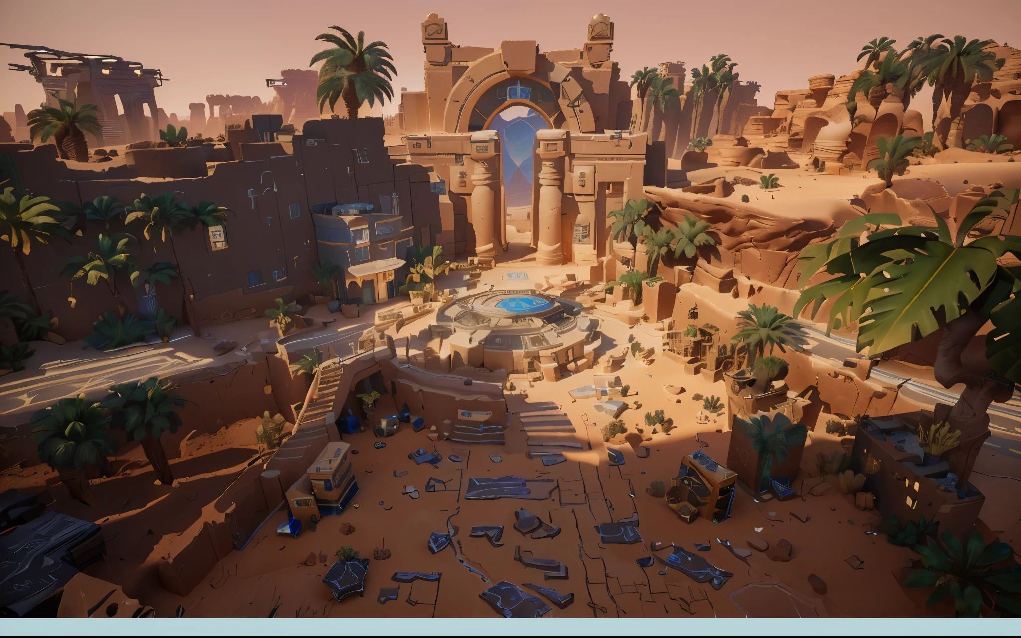 arafed view of a desert area with a clock and palm trees, rendered in unrealengine, desert temple, dusty unreal engine, ( ( unreal engine ) ), unreal engine 5 », created in unreal engine 5, rendered in unreal engine 5, unreal engine 5 : :, unreal engine 5 4 k uhd image, unreal engine 5 environment, game environment design