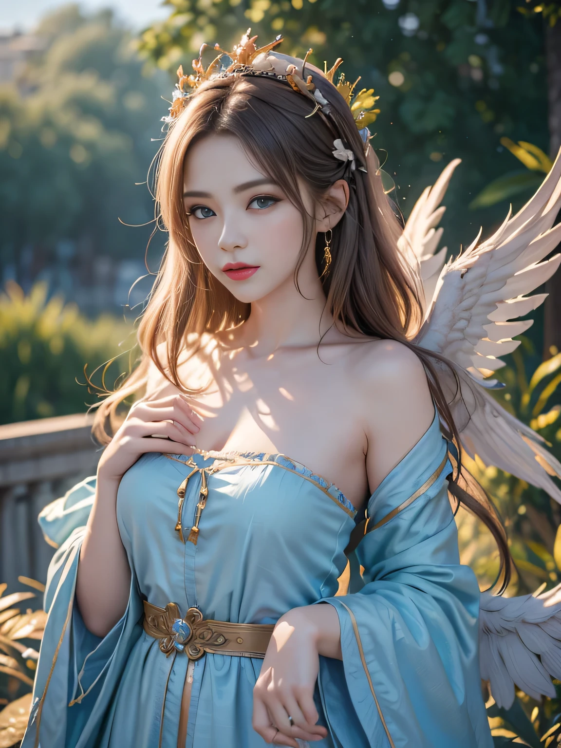 masterpiece, best quality, (Extremely detailed CG Unity 8K wallpaper), (best quality), (Best Illustration), (The best shadow), absurd, Realistic lighting, (abyss), Beautiful and delicate light, Peter Moore (Peter Mohr Bacher) Artworks,Oversized wings。An angel girl，Flying to the clouds，Baiyun，Baiyun，Blue sky。Blue sky。Blue sky。（White papal robe1.3），（Golden Wings 1.3），Wearing a crown on his head，