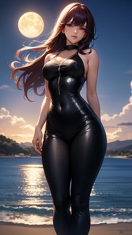 A stunning 8k anime-style illustration of a woman outdoors on a beach. She has long, slender legs and a wide, toned hips, with a tiny waist and a round, well-defined chest. She has a beautiful face with blue eyes, red and plump lips, and long, cascading hair that combines red and blue tones. The full moon and Milky Way fill the sky behind her, creating a captivating backdrop. This artwork is a masterpiece of skill and technique, showcasing the artist's exceptional talent in the anime style. The photo is taken from a downward angle, accentuating the beauty and grace of the woman in this serene setting.