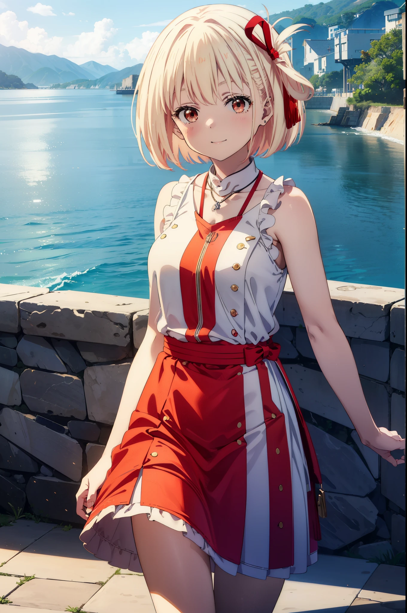 chisatonishikigi, Chisato Nishikigi, Short Hair, bangs, blonde,Bobcut, White hat(Red eyes:1.5), Hair Ribbon,One side up,happy smile, smile, Open your mouth,smile,blush,Red sleeveless dress,White long skirt,Bare arms,Rocket Pendant,Cute Sandals,real summer,sunny,It's as if your whole body is in the illustration., break outdoors, Coastal Road, break looking at viewer, (Cowboy Shot:1.5), break (masterpiece:1.2), highest quality, High resolution, unity 8k wallpaper, (shape:0.8), (Beautiful details:1.6), Highly detailed face, Perfect lighting, Highly detailed CG, (Perfect hands, Perfect Anatomy),